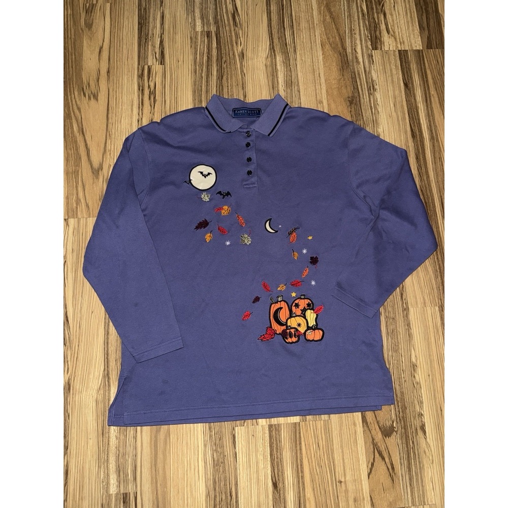 VTG Karen Scott Women's L Large Halloween Polo Button Pumpkins Bats Leaves Fall